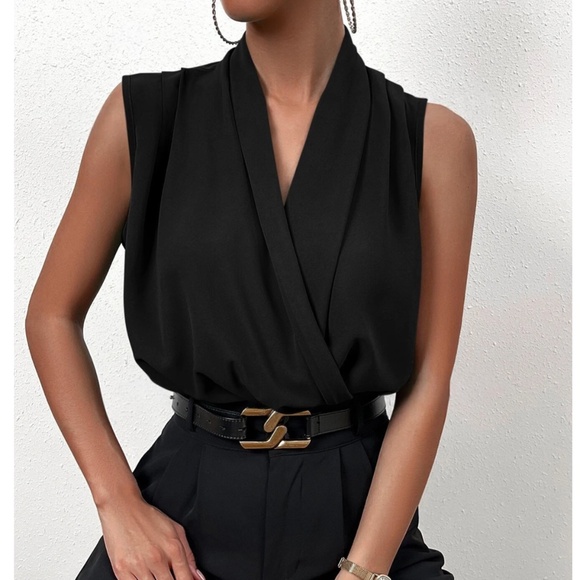 Black Draped Sleeveless Surplice V-Neck Blouse Top - Picture 1 of 7